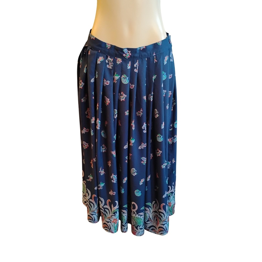 Liz Claiborne Vintage Navy Paisley Pleated Midi Skirt Size 14 Rayon Border Print